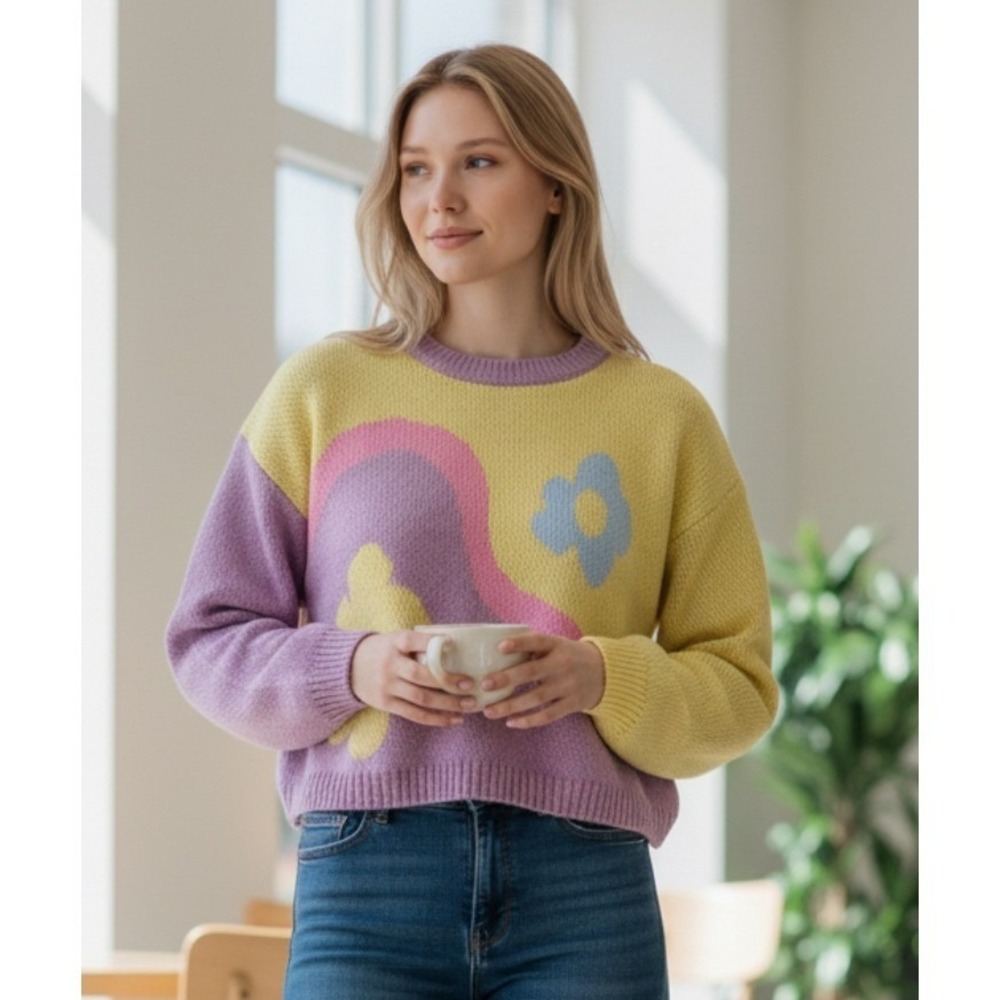 ZARA Women's Crewneck Sweater Yellow Purple Floral‎ Pattern Size M